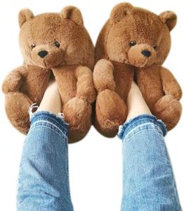 Voet warmer pluche teddybeer cartoon slippers voor vrouwen/meisje huis indoor zachte anti-slip faux fur schattige warme schoenen y0902