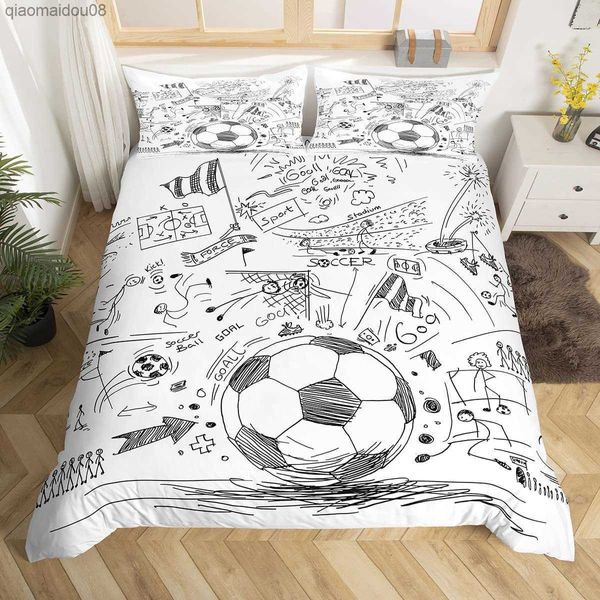 Ensemble de housse de couette de football croquis dessiné à la main drapeau de football réseau ensemble de literie de sport d'équipe pour garçons adolescents hommes couverture de couette double L230704