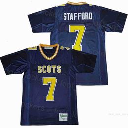 Voetbal High School Jerseys 7 Matthew Stafford Highland Park Uniform Ademend college All genaaid Retro Team Navy Blue Pure Cotton Moive Pullover University
