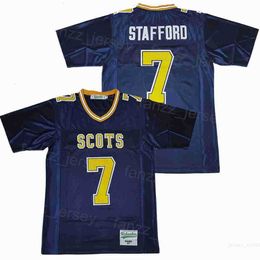 Football Highland Park Jerseys High School 7 Matthew Stafford College heeft het retro -team weggevochten Navy Blue Pure Cotton Moive Pullover University Ademende mannen