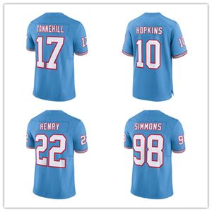 Maillot de football Derrick Henry 22 Jeffery Simmons 98 DeAndre Hopkins 10 Tannehill 17 Throwback Bleu clair Hommes Taille S-XXXL Maillots cousus