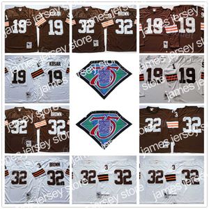 Maillots de football Manches longues Throwback Football 75th Anniversary 19 Bernie Kosar Jersey 1964 1986 Vintage 32 Jim Brown Mitchell and Ness Team Brown Color