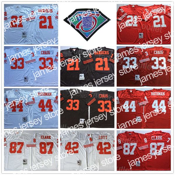 Maillots de football Mitchell et Ness Throwback 75e anniversaire Football 33 Roger Craig Jersey Vintage 21 Deion Sanders 44 Tom Rathman 87 Dwight Clark Retro