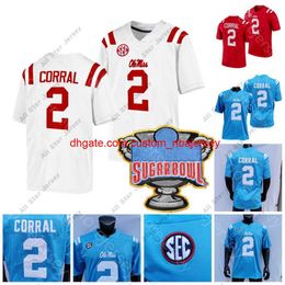 Maillots de football NCAA College Ole Miss Rebels Jersey Matt Corral Sugar Bowl Patch Rouge Bébé Bleu Blanc Taille S-3XL Toutes Broderie Cousue