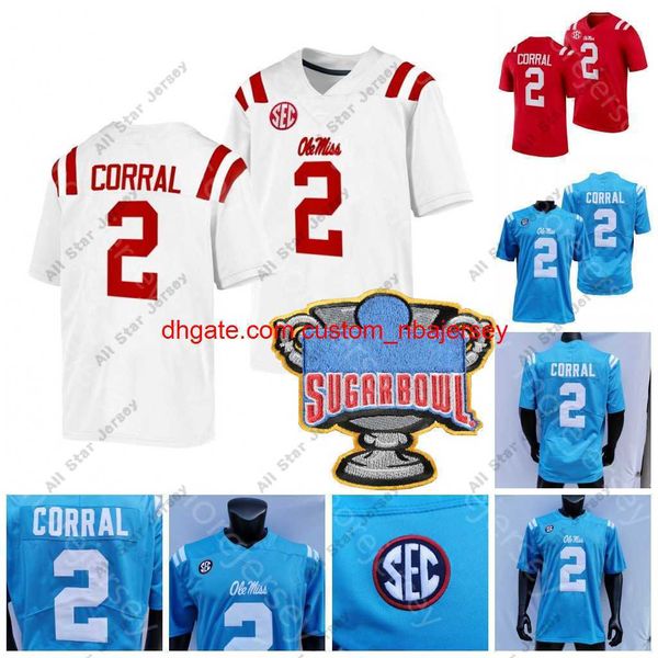 Maillots de football NCAA College Ole Miss Rebels Jersey Matt Corral Sugar Bowl Patch Rouge Bébé Bleu Blanc Taille S-3XL Toutes Broderie Cousue