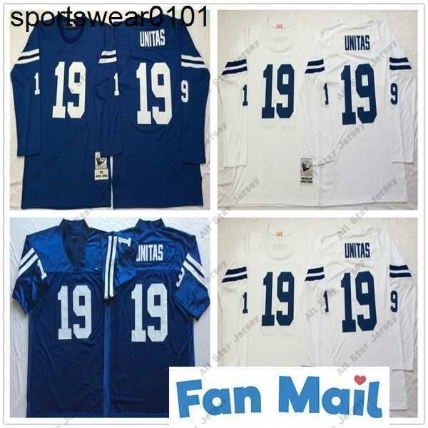 Camisetas de fútbol Ncaa Vintage Top # 19 Johnny Unitas Jersey Barato Azul Blanco Johnny Unitas Manga larga Camisetas de fútbol para hombre Camisas