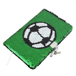 Patrón de fútbol, regalo verde escolar, práctico diario de lentejuelas de privacidad con llaves de bloqueo, escritura suave portátil para niños y niñas