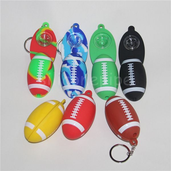 Pipe à main en silicone de football avec bol en verre, porte-clés, accessoires pour fumer du tabac, bol en verre à haute teneur en borosilicate de qualité alimentaire