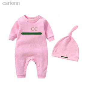 Footies En stock 100% coton nouveau-né enfants barboteuses chapeau bébé garçons filles créateur de mode imprimé combinaison à manches longues chapeau 2 pièces ensemble avec boîte G0018 240306