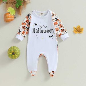 Footies Infant Baby Girls Boys Footies Mamelucos Ropa de Halloween Letra Murciélago Estampado de calabaza Monos de manga larga Monos de otoño 0-6 meses YQ240306