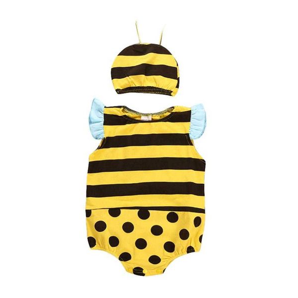 Footies Infant Toddler Boys Girls Little Bee Animal Ropa 2 piezas Mameluco sin mangas con sombrero Conjuntos Verano Rayas amarillas Traje de escaladaHKD230701