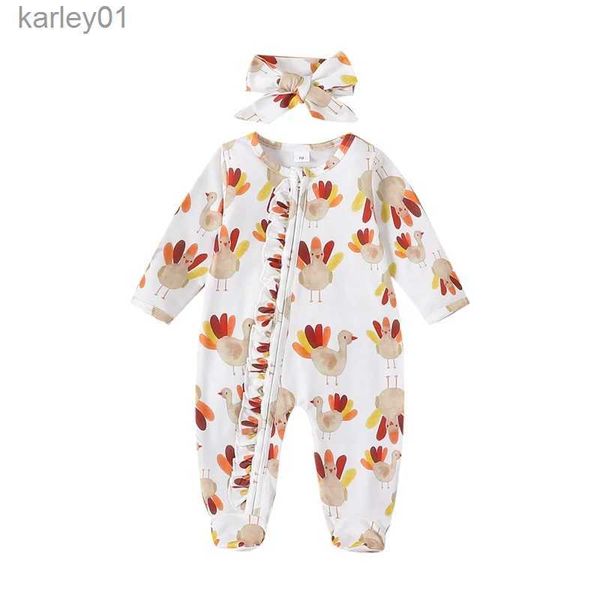 Footies Pudcoco Bébé Filles Footies Infantile Thanksgiving Dinde Body À Manches Longues avec Bandeau Nouveau-Né Fermeture Éclair Pieds Combinaisons 0-18 M YQ240306