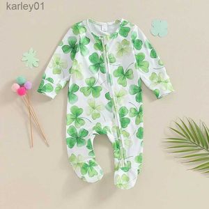 Footies St Patrick's Day Footies Romper pasgeboren baby jongen meisje Shamrock Clover jumpsuit rits Ierse outfit YQ240306