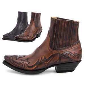 Schoenen Plus Size 48 Mode Mannen Vintage Cowboy Laarzen Lederen Hoge Top Keten Riem Punk Schoenen Puntschoen Biker mannen Laarzen 2023