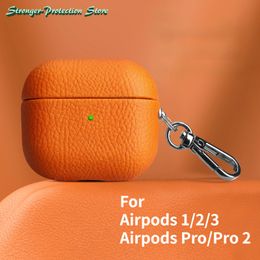 For AirpPods Funda de cuero genuino para AirpPods Pro 2 AirPods 1 2 3, accesorios para auriculares Bluetooth, patrón de lichi, piel de vaca con hebilla