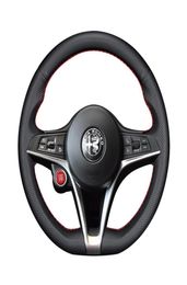 Para Alfa Stelvio Giulia DIY cosido a mano manija del volante cubierta de cuero negro Leather6592612