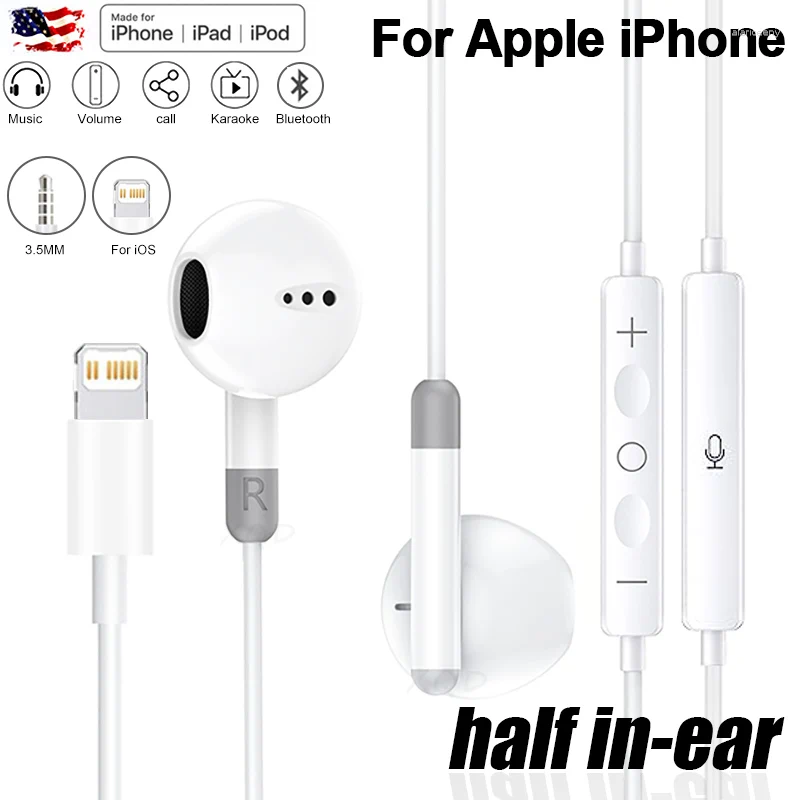 For Apple Original Bluetooth Wired Earphones IPhone 11 13 12 14 Pro Max XS XR X 8 7 Plus 6 Half In-ear Lightning Headphones