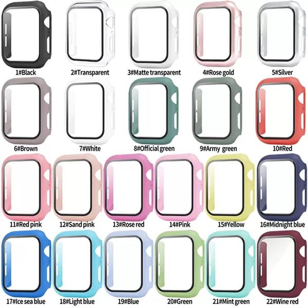 Para Apple Watch Case 8 7 6 5 4 3 2 1 SE 45 mm 44 mm 42 mm 41 mm 40 mm 38 mm PC duro Protector de pantalla de vidrio templado incorporado Cobertura completa Cubierta de segunda generación