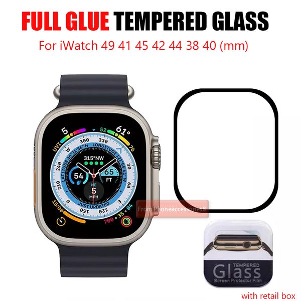 Protector de pantalla para Apple Watch S8 S7 IWatch Ultra 49 45 41 40 42 38 44 Cobertura de pegamento completo Protectores de pantalla de vidrio templado con paquete minorista