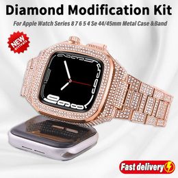 Para Apple Watch S9 9 Band Kit de modificación de diamante completo de lujo 45 mm 44 mm Caja de diamante Correa de acero Iwatch Series 8 7 6 SE 5 4 Fashion Loop