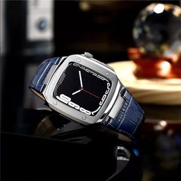 Pour Apple Watch Series 7 6 5 4 SE luxe Premium en acier inoxydable étui de protection en cuir véritable Crocodile bande sangle couverture