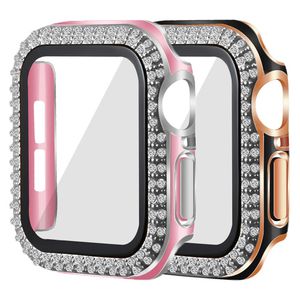 Pour Apple Watch Series 7 Coques avec protège-écran en verre trempé Bling Bling Diamant Hard Cover PC 45mm 41mm