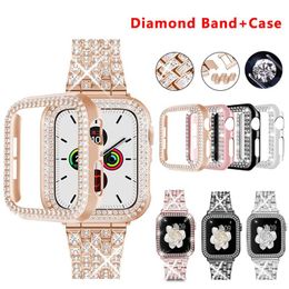 Voor Apple Watch -koffers en banden roestvrijstalen staalband Bracelet Bling Case Compatibel met IWatch -serie 8 7 6 5 4 3 SE -sieraden Diamant Band Cover