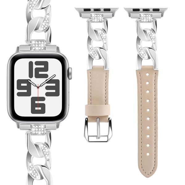 Pour bracelet Apple Watch 38/40/41/42/44/45/49 mm bracelet en jean iwatch98Ultra2 bracelet en métal incrusté de diamants 22 mm petit bracelet en cuir incrusté de diamants bopper