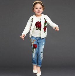 Para niña grande primavera otoño niñas 3 uds conjunto de ropa rosa camiseta de manga corta + abrigo + pantalones vaqueros conjunto para niños trajes para niños W037