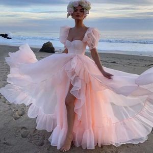 Pour les femmes rouglanes robes rose fente Prom sexy chérie chérie manches courtes à longue plage robes de fête formelles une ligne robe de soirée de fiançailles