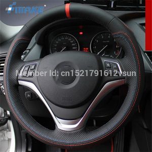 Voor BMW X1 Hoogwaardige handgestikte anti-slip Zwart Leather Blue Red Thread Diy Steering Wheel Cover236O