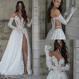 Voor boho een kanten bruid lijn lieverd trouwjurk bruidsjurken illusie taille taille lange mouwen vestido de novia split robe marrage