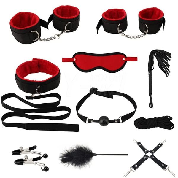 Para parejas, herramientas de bondage, juguetes sexy para adultos, esposas y cadenas para piernas, látigo, vendas para los ojos, cama, juego fetiche para hombre y mujer, juego de 10 rojo