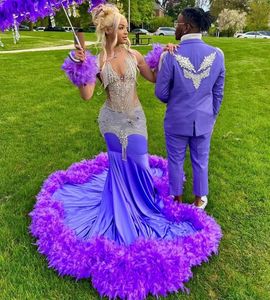 para vestidos Purple Prom Black Girls 2024 Feathers de dhinestone Women African Mermaid Fiest Gowns Vestidos de Festa