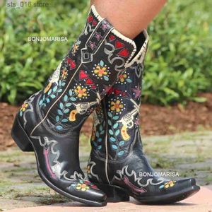 Voor borduurmerk Western Cowboy Women Floral Bonjomarisa Slip op middenkalfslaarzen Casual Design Shoes Woman T230824 705