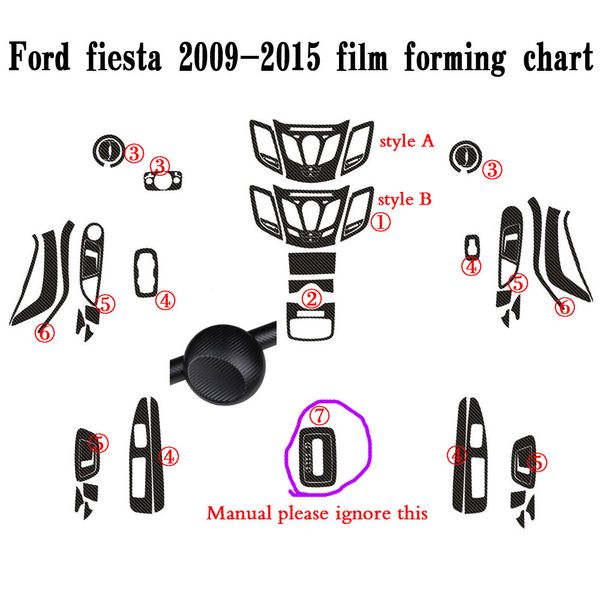 Pour Ford fiesta 2009-2015 panneau de commande central intérieur poignée de porte en Fiber de carbone autocollant décalcomanies accessoire de style de voiture