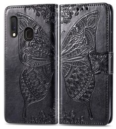 Pour Galaxy A20 E étui en cuir PU avec portefeuille fentes pour cartes perforé convexe fleur papillon dragonne A20e2385199