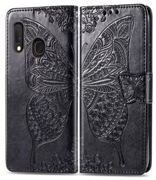 Pour Galaxy A20 E étui en cuir PU avec portefeuille fentes pour cartes perforé convexe fleur papillon dragonne A20e6656121