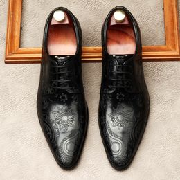 Pour le cuir authentique en cuir pointu de chaussures habitaires hommes Chaussures de travail de mariage Lace Up Men Formel Black Wine Red Party Oxford Shoe