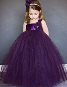 Pour les filles Purple Square Square Sans manches Boule Robe Flowergirl Robes Longueur Longueur Organza Robes De Pageant Enfants avec des fleurs