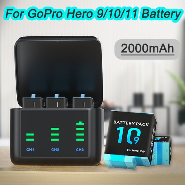 Para GoPro Hero 9 10 11 batería de 2000 mAh caja de carga rápida de 3 vías para Hero 10 para accesorios de Cámara de Acción GoPro