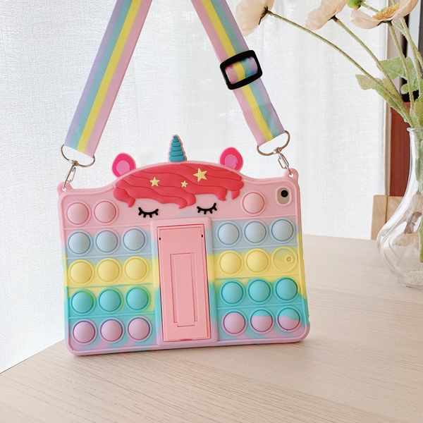 Para iPad 10.2 Fundas 3D Unicorn Fidget Pop Toys Push It Bubble Soft Rainbow Funda de silicona con soporte para mujeres y niños Aliviador de estrés a prueba de golpes para iPad 9.ª/8.ª/7.ª generación Mini Air