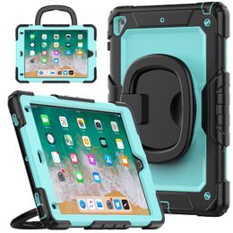 Voor iPad Air2 9,7 inch Pro 9,7 hoes Opvouwbare handgreep 360 graden draaibare kickstand cover Heavy Duty hybride silcione schokbestendige kinderveilige hoesjes + schouderband + scherm PET-film