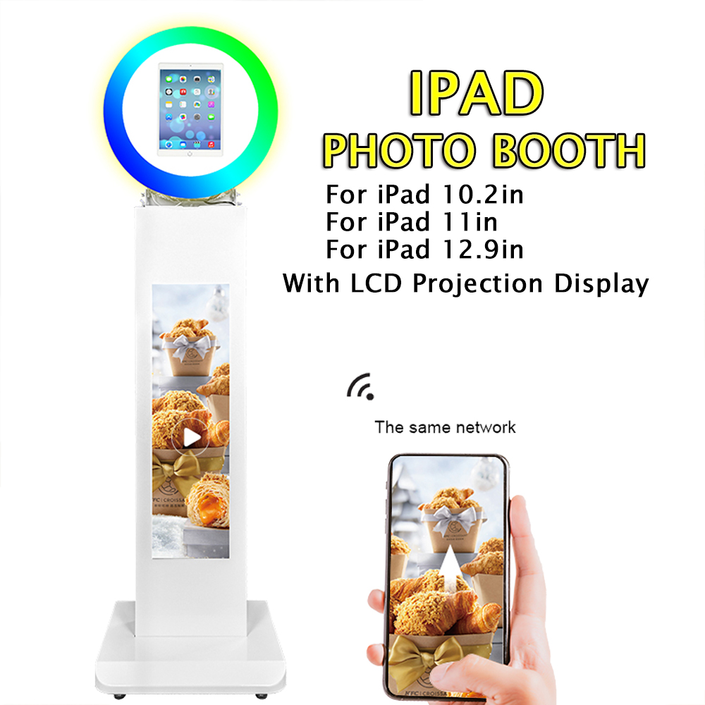 Supporto regolabile 3 in 1 per iPad Photo Booth Shell con display LCD e flight case Cabina fotografica portatile Macchina per selfie con luce ad anello a 180°