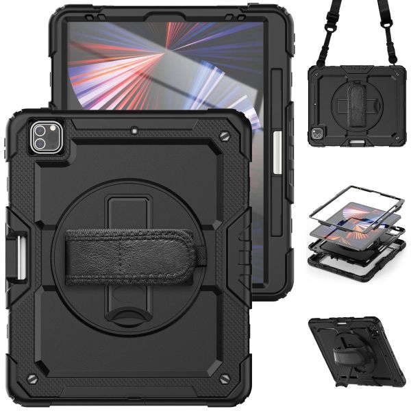 Para iPad Pro 12,9 pulgadas Funda 360 Rotación Kickstand Correa de mano Funda protectora híbrida resistente para tableta Fundas seguras a prueba de golpes para niños + Pantalla Película PET + Correas para hombros