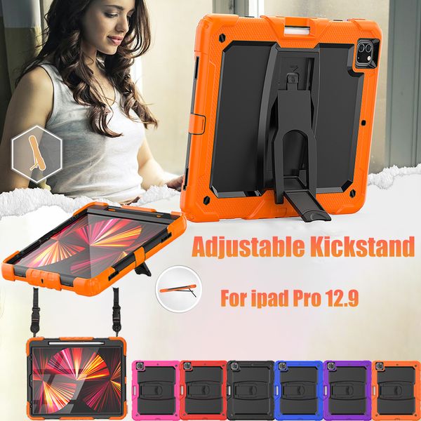 Para iPad Pro de 12.9 pulgadas de caja ajustable cubierta de tableta Silicona PC Hybrid Rugged Shock -Profese Cases seguros con correa de hombro+Película Protector Pet Película