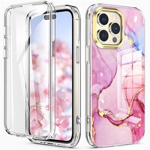 Acryl -schermbeveiliging Film Clear telefoonhoesjes voor iPhone 14 13 12 11 XR XS 14 Pro Max 8 Plus 2in1 Volledige omslag Transparante harde pc TPU Marmeren mobiele telefoonomslag