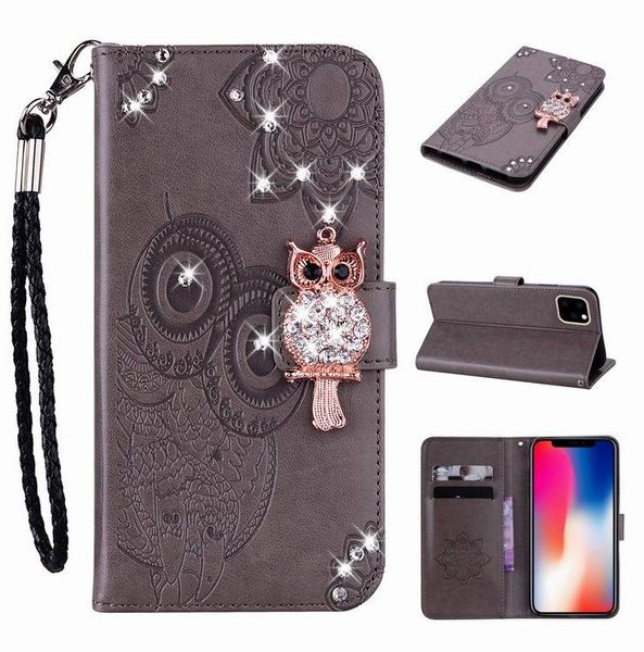 Voor iphone 11 pro max x xr xs max 6 7 8 plus mooie schattige uil dier cartoon telefoon gevallen fashion designer diamant lederen portemonnee case