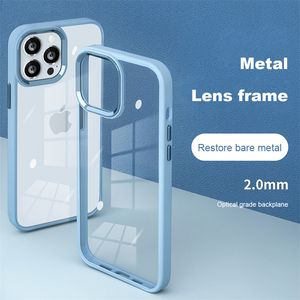 2,0 mm macaron metalen lensframe Clear telefoonhoes voor iPhone 15 14 plus 13 12 11 Pro Max Samsung S24 S23 Ultra plus metalen knoppen Anti-fall shell fundas transparante dekking