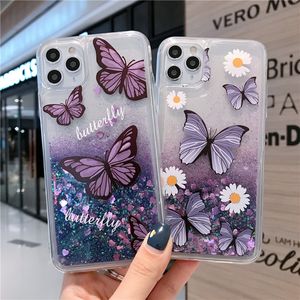 Pour iphone 12 coque 11 pro X XS max XR 6 7 8 plus mode marguerite fleur papillon scintillant flux coeur paillettes sable couverture transparente coque de téléphone